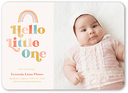 Rainbow Hello Birth Announcement, Beige, 5x7 Flat, Pearl Shimmer Cardstock, Rounded