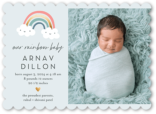 Rainbow Baby Birth Announcement, Grey, 5x7 Flat, Pearl Shimmer Cardstock, Scallop