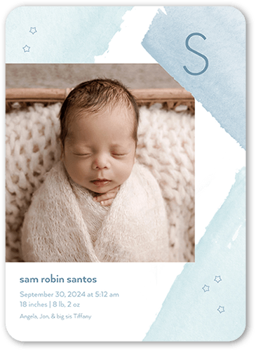 Brush Strokes Birth Announcement, Blue, 5x7 Flat, Pearl Shimmer Cardstock, Rounded
