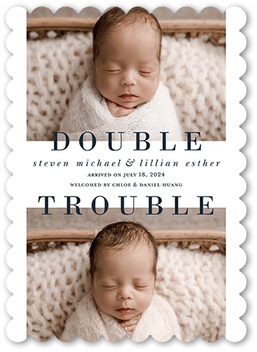 Double Trouble Birth Announcement, White, 5x7, Pearl Shimmer Cardstock, Scallop