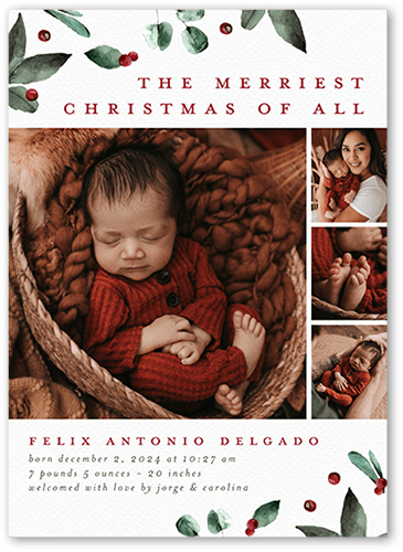 Evergreen Corners Birth Announcement, White, 5x7 Flat, Pearl Shimmer Cardstock, Square