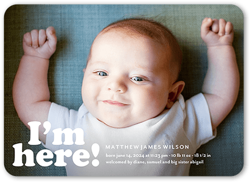 Excited Arrival Birth Announcement, White, 5x7 Flat, Matte, Signature Smooth Cardstock, Rounded, White