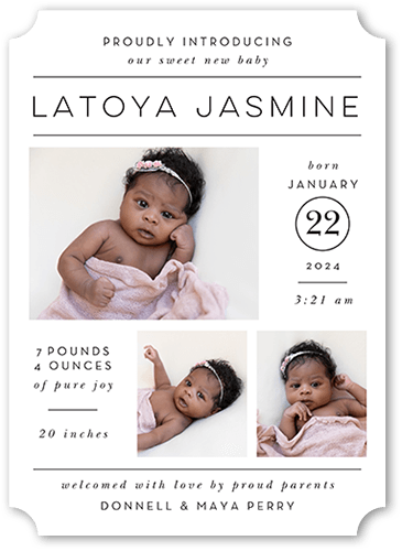 Proud Introduction Birth Announcement, White, 5x7 Flat, Pearl Shimmer Cardstock, Ticket