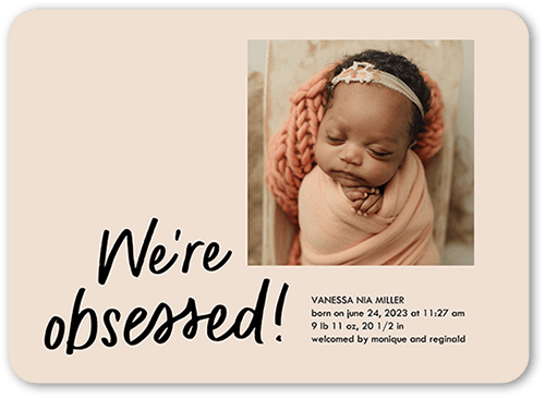 Obsessed With Birth Announcement, Beige, 5x7 Flat, Matte, Signature Smooth Cardstock, Rounded