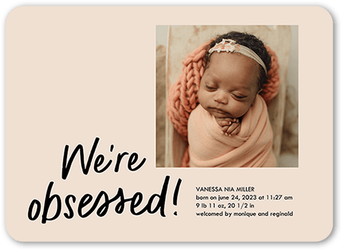 Obsessed With Birth Announcement, Beige, 5x7 Flat, Pearl Shimmer Cardstock, Rounded