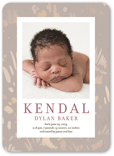 Painted Pattern Birth Announcement, Beige, 5x7 Flat, Pearl Shimmer Cardstock, Rounded