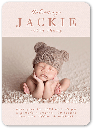 Pastel Welcome Birth Announcement, Pink, 5x7 Flat, Pearl Shimmer Cardstock, Rounded