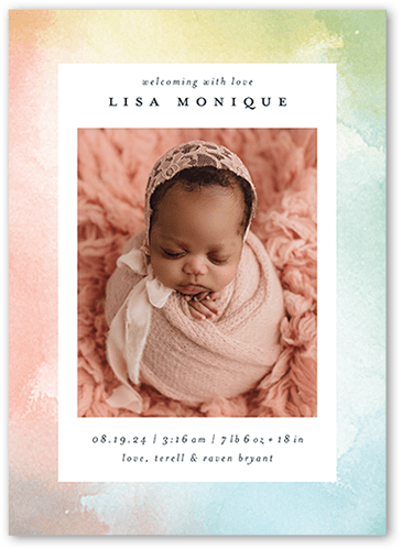 Watercolor Welcome Birth Announcement, White, 5x7 Flat, Standard Smooth Cardstock, Square, White