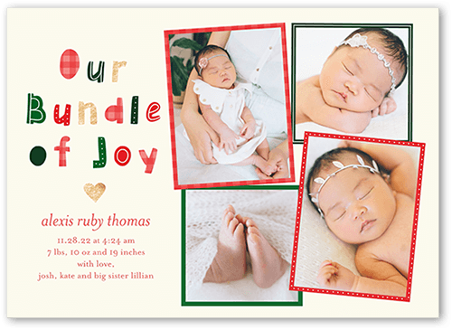 Bundle Of Delight Birth Announcement, Red, 5x7 Flat, Pearl Shimmer Cardstock, Square, Red