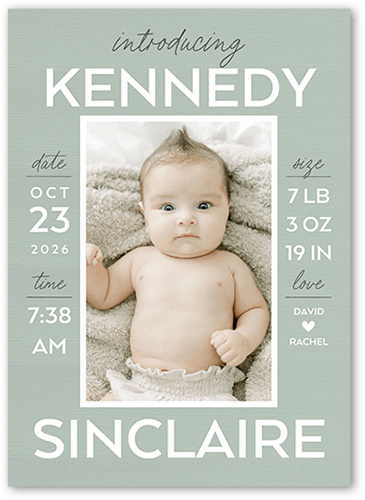 Stacked Stats Birth Announcement, Green, 5x7 Flat, Standard Smooth Cardstock, Square