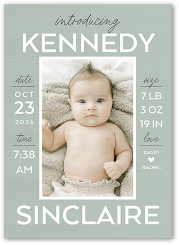 Stacked Stats Birth Announcement, Green, 5x7 Flat, Pearl Shimmer Cardstock, Square