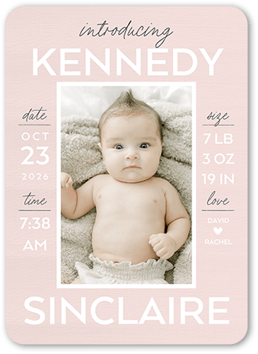 Stacked Stats Birth Announcement, Pink, 5x7 Flat, 100% Recycled Cardstock ?, Rounded