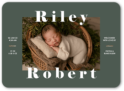Big Proud Name Birth Announcement, Green, 5x7 Flat, Write Your Own, Standard Smooth Cardstock, Rounded