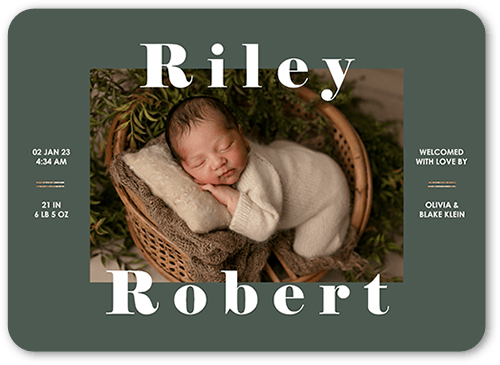 Big Proud Name Birth Announcement, Green, 5x7 Flat, Write Your Own, 100% Recycled Cardstock ?, Rounded