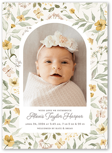 Buttercup Dreams Birth Announcement, White, 5x7 Flat, Pearl Shimmer Cardstock, Square