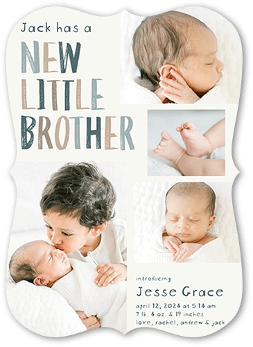 New Little Sibling Birth Announcement, Grey, 5x7 Flat, Pearl Shimmer Cardstock, Bracket