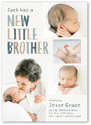 New Little Sibling Birth Announcement, Grey, 5x7 Flat, Pearl Shimmer Cardstock, Square