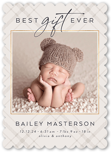 Unequaled Gift Birth Announcement, Grey, 5x7 Flat, Pearl Shimmer Cardstock, Scallop, White