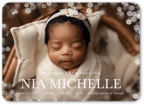 Gentle Bokeh Birth Announcement, White, 5x7 Flat, Write Your Own, 100% Recycled Cardstock , Rounded, White