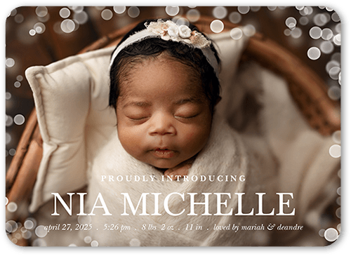 Gentle Bokeh Birth Announcement, White, 5x7 Flat, Write Your Own, Pearl Shimmer Cardstock, Rounded