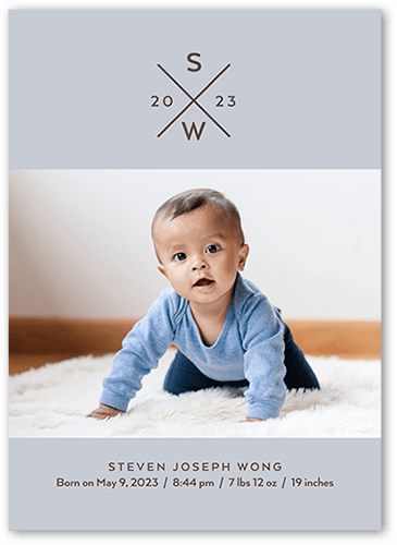 Cross Monogram Birth Announcement, Blue, 5x7 Flat, Write Your Own Greeting, Standard Smooth Cardstock, Square, Blue