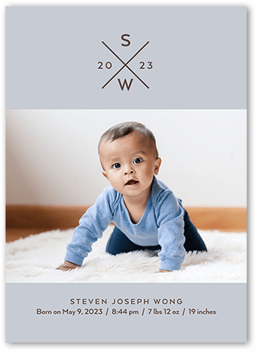 Cross Monogram Birth Announcement, Blue, 5x7 Flat, Write Your Own Greeting, Luxe Double-Thick Cardstock, Square