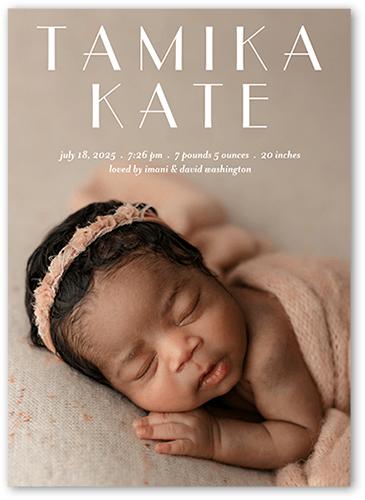 Graceful Name Birth Announcement, White, 5x7 Flat, Pearl Shimmer Cardstock, Square