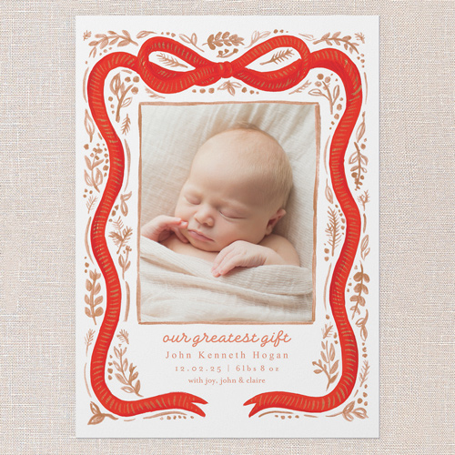 Ribbon Enveloped Birth Announcement, Red, 5x7 Flat, Matte, Signature Smooth Cardstock, Square, Tomato
