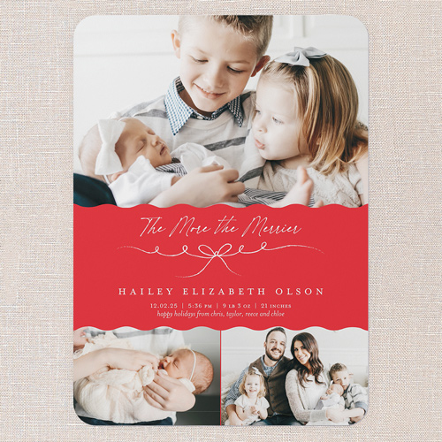 Merrier Wishes Birth Announcement, Red, 5x7 Flat, Pearl Shimmer Cardstock, Rounded, Tomato