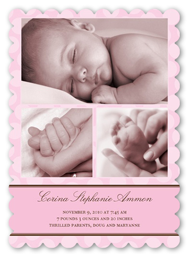 Just Dotty Pink Birth Announcement, Pink, Pearl Shimmer Cardstock, Scallop