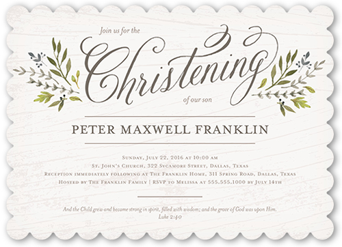 Blessed Branches Boy Baptism Invitation, Grey, Pearl Shimmer Cardstock, Scallop