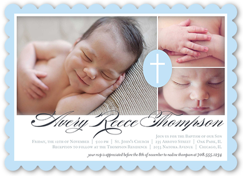 Faithful Cross Boy Baptism Invitation, Blue, Pearl Shimmer Cardstock, Scallop