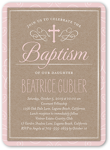 Bordered Christening Girl Baptism Invitation, Pink, Pearl Shimmer Cardstock, Rounded