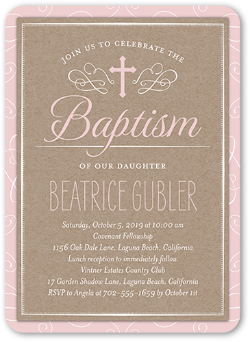 Bordered Christening Girl Baptism Invitation, Pink, Standard Smooth Cardstock, Rounded