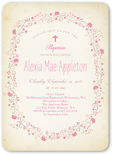 Circled In Flowers Baptism Invitation, Pink, Matte, Signature Smooth Cardstock, Rounded