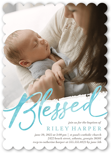 Graceful Blessed Boy Baptism Invitation, White, 5x7 Flat, Pearl Shimmer Cardstock, Scallop