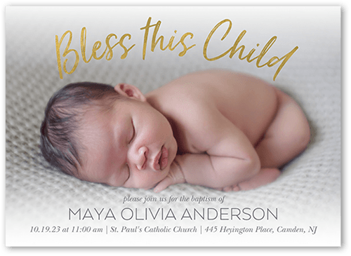 Bless This Child Baptism Invitation, White, 5x7 Flat, Luxe Double-Thick Cardstock, Square