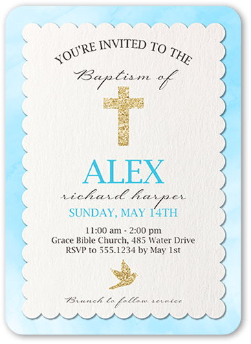 Cross and Dove Boy Baptism Invitation, Blue, 5x7 Flat, Standard Smooth Cardstock, Rounded, White