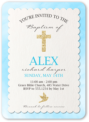 Cross and Dove Boy Baptism Invitation, Blue, 5x7 Flat, Pearl Shimmer Cardstock, Rounded