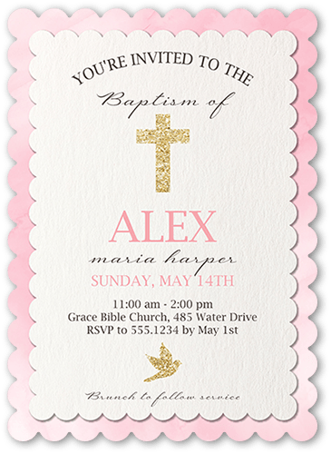 Cross and Dove Girl Baptism Invitation, Pink, 5x7 Flat, Pearl Shimmer Cardstock, Scallop, White