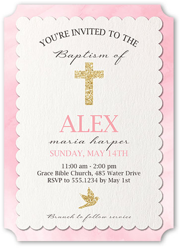 Cross and Dove Girl Baptism Invitation, Pink, 5x7 Flat, Pearl Shimmer Cardstock, Ticket