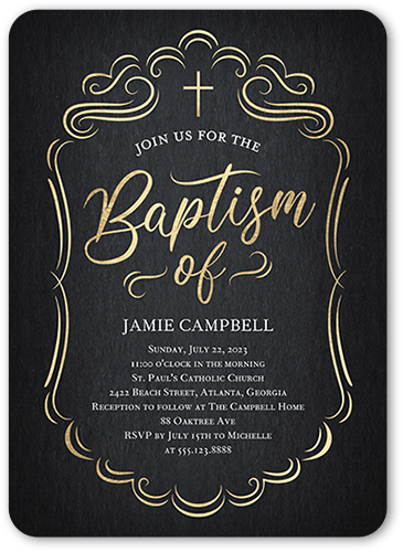 Ornate Stage Baptism Invitation, Black, 5x7 Flat, Standard Smooth Cardstock, Rounded