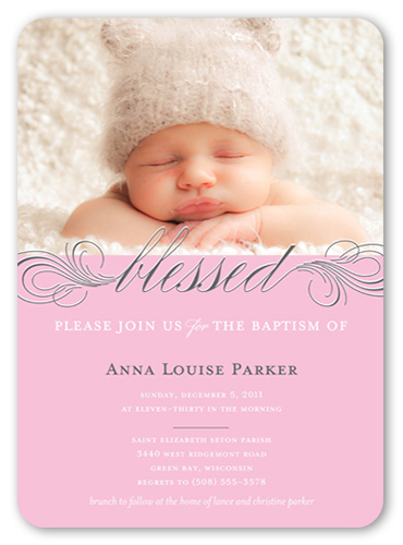 Little Blessed Rose Baptism Invitation, Pink, Standard Smooth Cardstock, Rounded, Pink