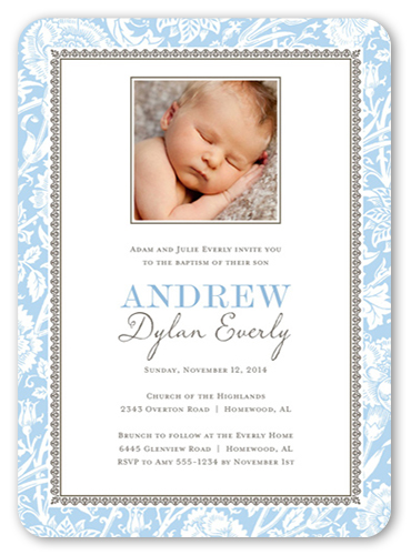 Vintage Blessings Boy Baptism Invitation, Blue, Pearl Shimmer Cardstock, Rounded