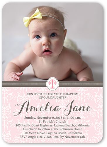 Elegant Cross Girl Baptism Invitation, Pink, Standard Smooth Cardstock, Rounded