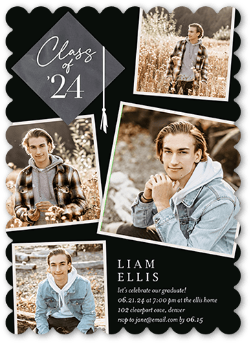 Tassel Snapshots Graduation Invitation, Black, none, 5x7 Flat, Pearl Shimmer Cardstock, Scallop