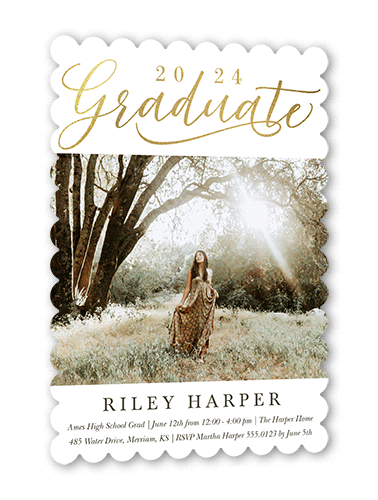 Exultant Grad Graduation Invitation, White, Gold Foil, 5x7 Flat, Pearl Shimmer Cardstock, Scallop
