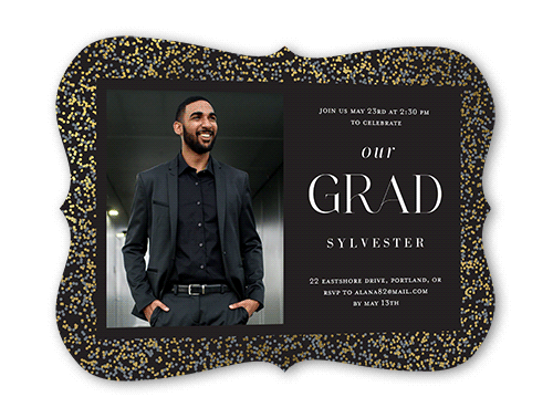 Confetti Border Graduation Invitation, Grey, Gold Foil, 5x7, Pearl Shimmer Cardstock, Bracket