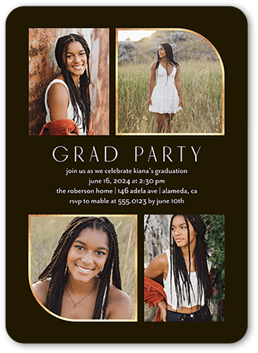 Arched Grad Graduation Invitation, Black, 5x7 Flat, Pearl Shimmer Cardstock, Rounded, White