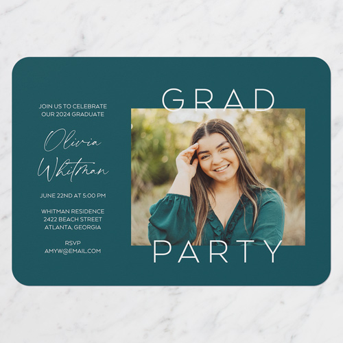 Daring Color Graduation Invitation, Blue, 5x7 Flat, Pearl Shimmer Cardstock, Rounded